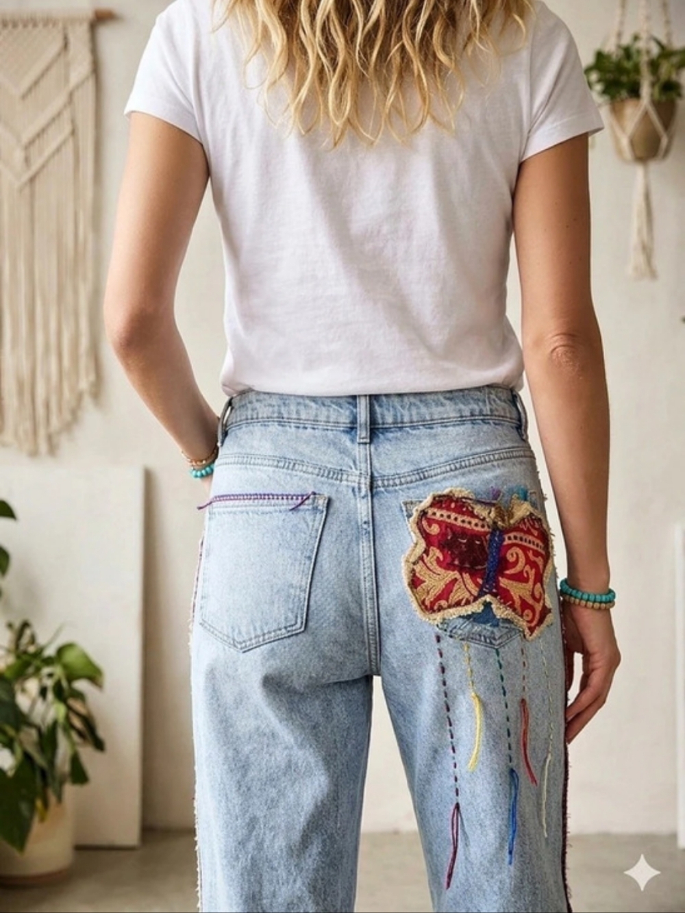 OOAK Upcycled Kantha Patchwork Jeans Hand Stitched Boho Festival Denim - Picture 3 of 6
